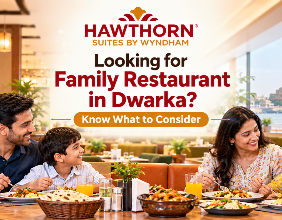 family enjoying a meal together at a restaurant in dwarka