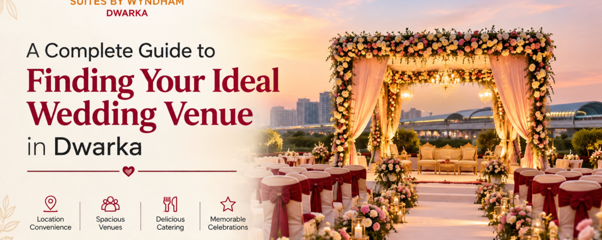 Elegantly decorated wedding venue in Dwarka with floral stage and guest seating