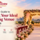 Elegantly decorated wedding venue in Dwarka with floral stage and guest seating