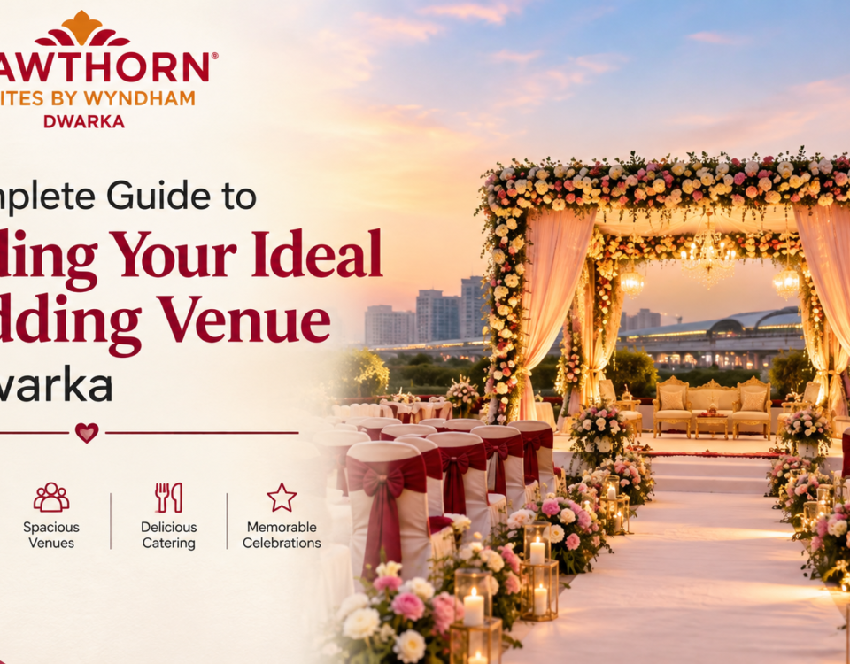 Elegantly decorated wedding venue in Dwarka with floral stage and guest seating