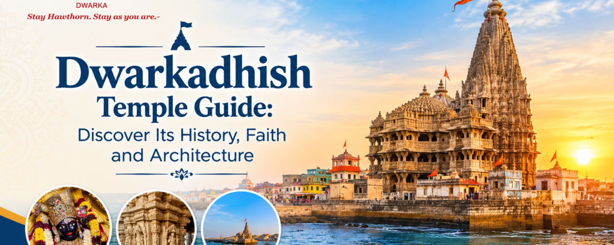 Dwarkadhish Temple in Dwarka, Gujarat, showcasing its historic architecture and towering shikhara