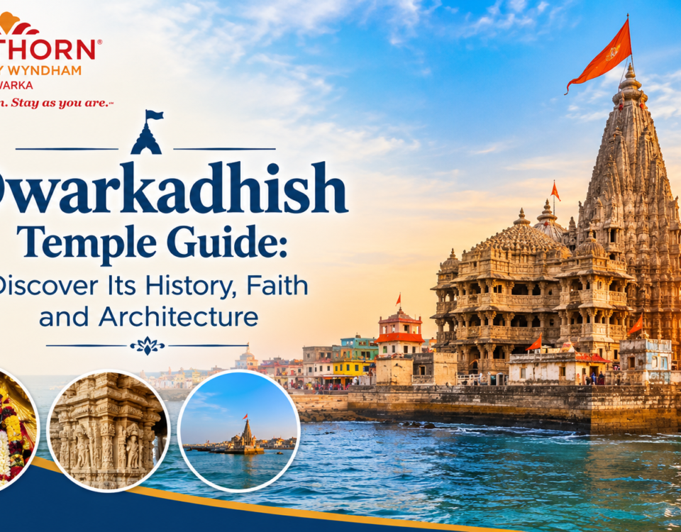 Dwarkadhish Temple in Dwarka, Gujarat, showcasing its historic architecture and towering shikhara