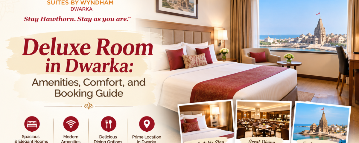 "Spacious deluxe room in Dwarka with king bed, work desk, and seating area at Hawthorn Dwarka"