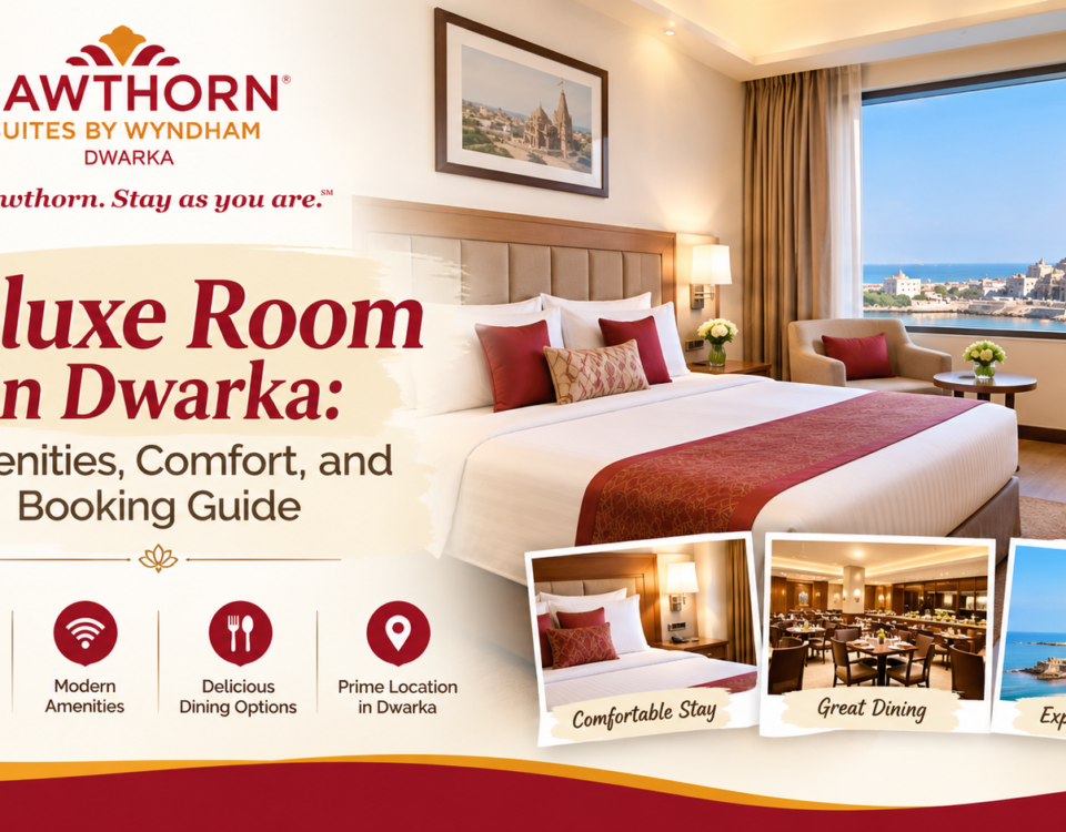 "Spacious deluxe room in Dwarka with king bed, work desk, and seating area at Hawthorn Dwarka"